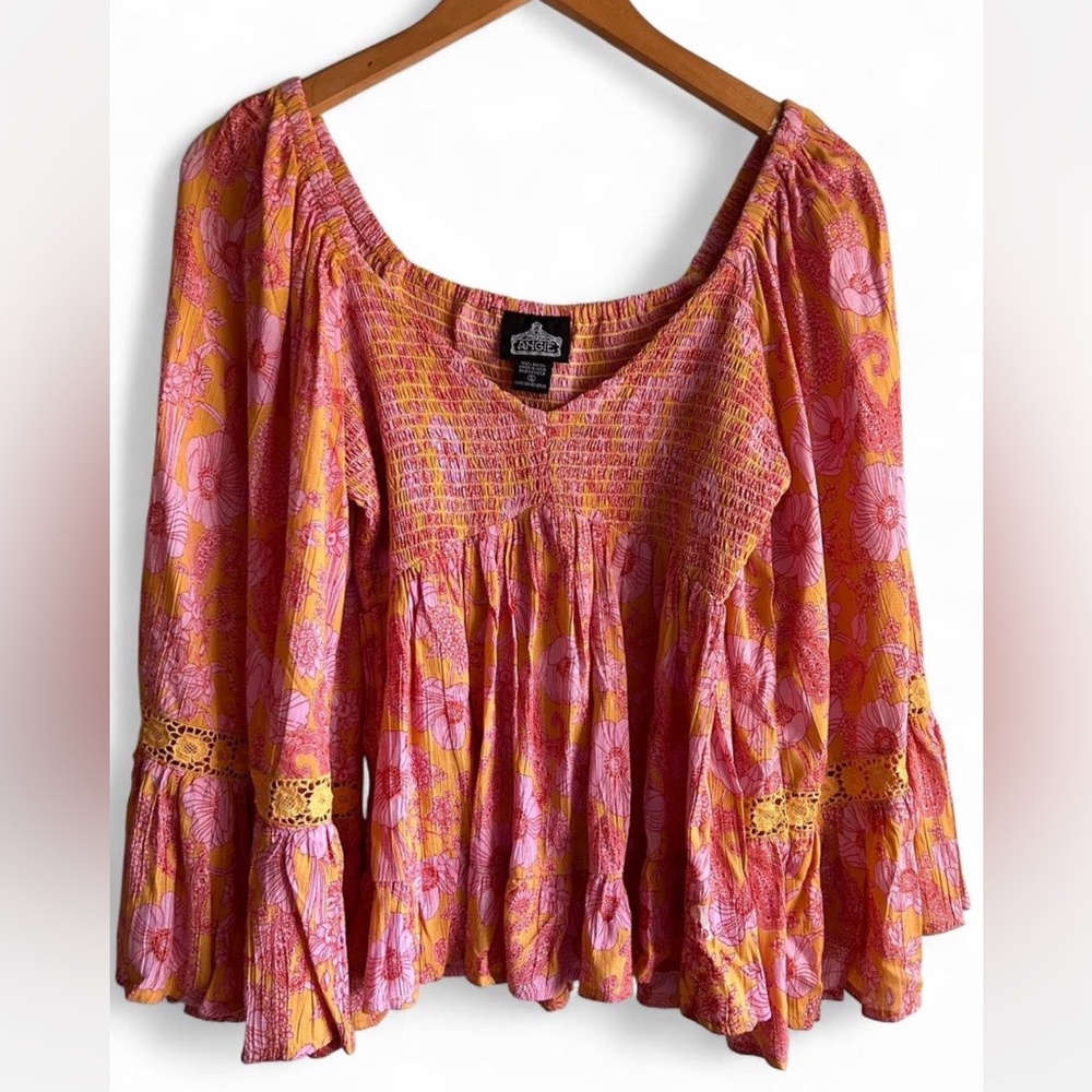 Angie Pink Smocked Long Sleeve Blouse